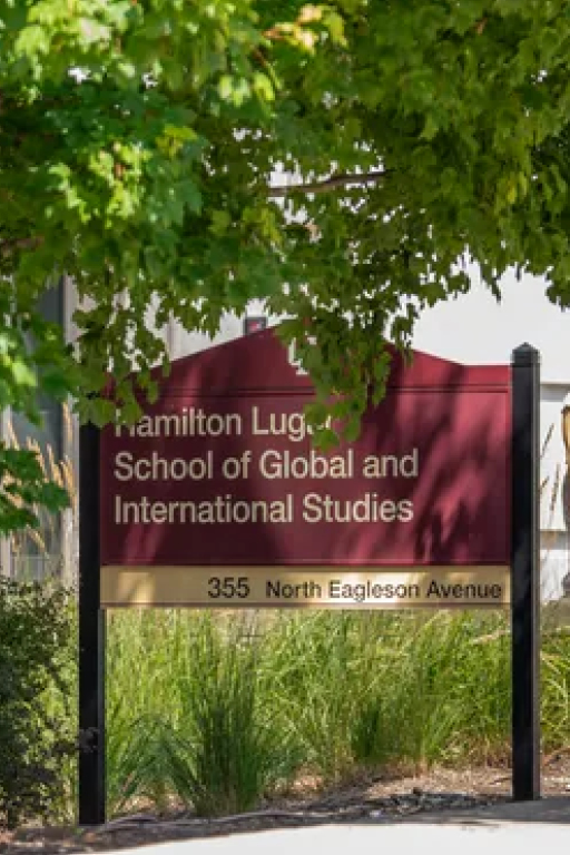 Sign for the Hamilton Lugar School of Global and International Studies.